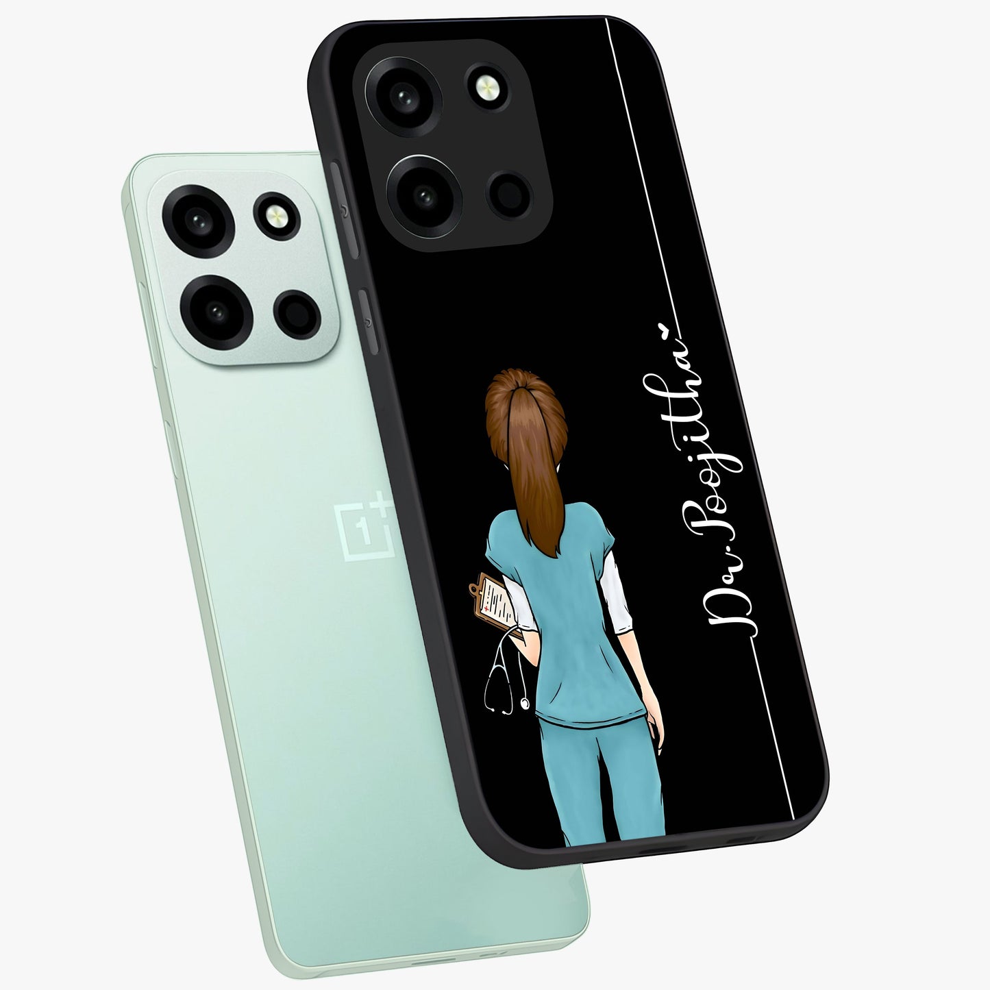 Doctor Pattern Custom Name Glass Case displayed in angled mockup highlighting doctor inspired artwork with custom name feature.