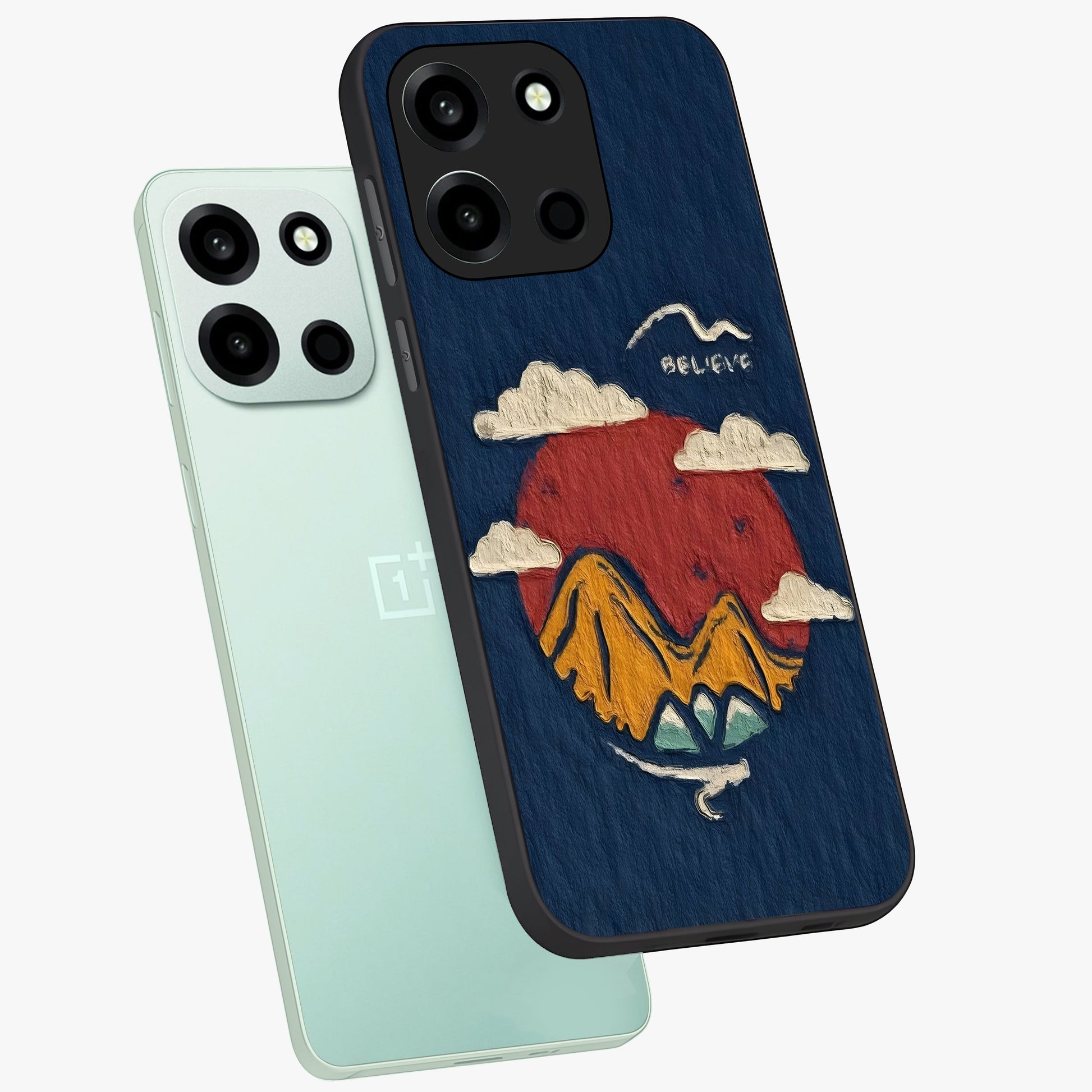 Dream Beyond Mountains Glass Case displayed in angled mockup highlighting dreamy mountain illustration with peaceful aesthetic.