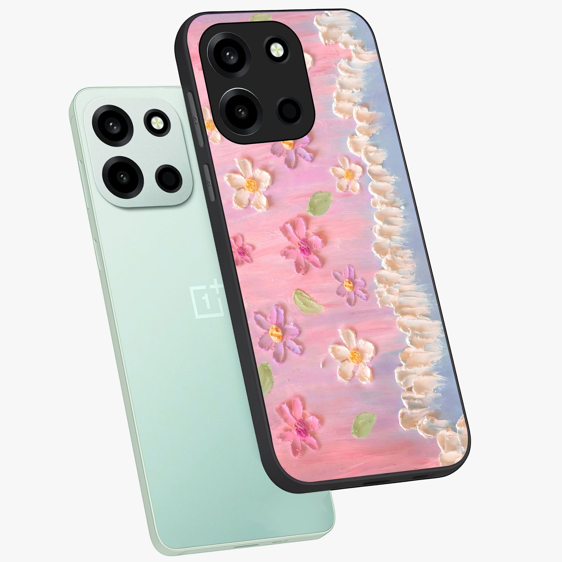 Dreamy Painted Garden Glass Case displayed in angled mockup highlighting colorful garden illustration with dreamy aesthetic style.