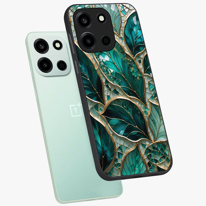 Emerald Leaf Glass Glass Case displayed in angled mockup highlighting botanical leaf illustration with elegant natural aesthetic.