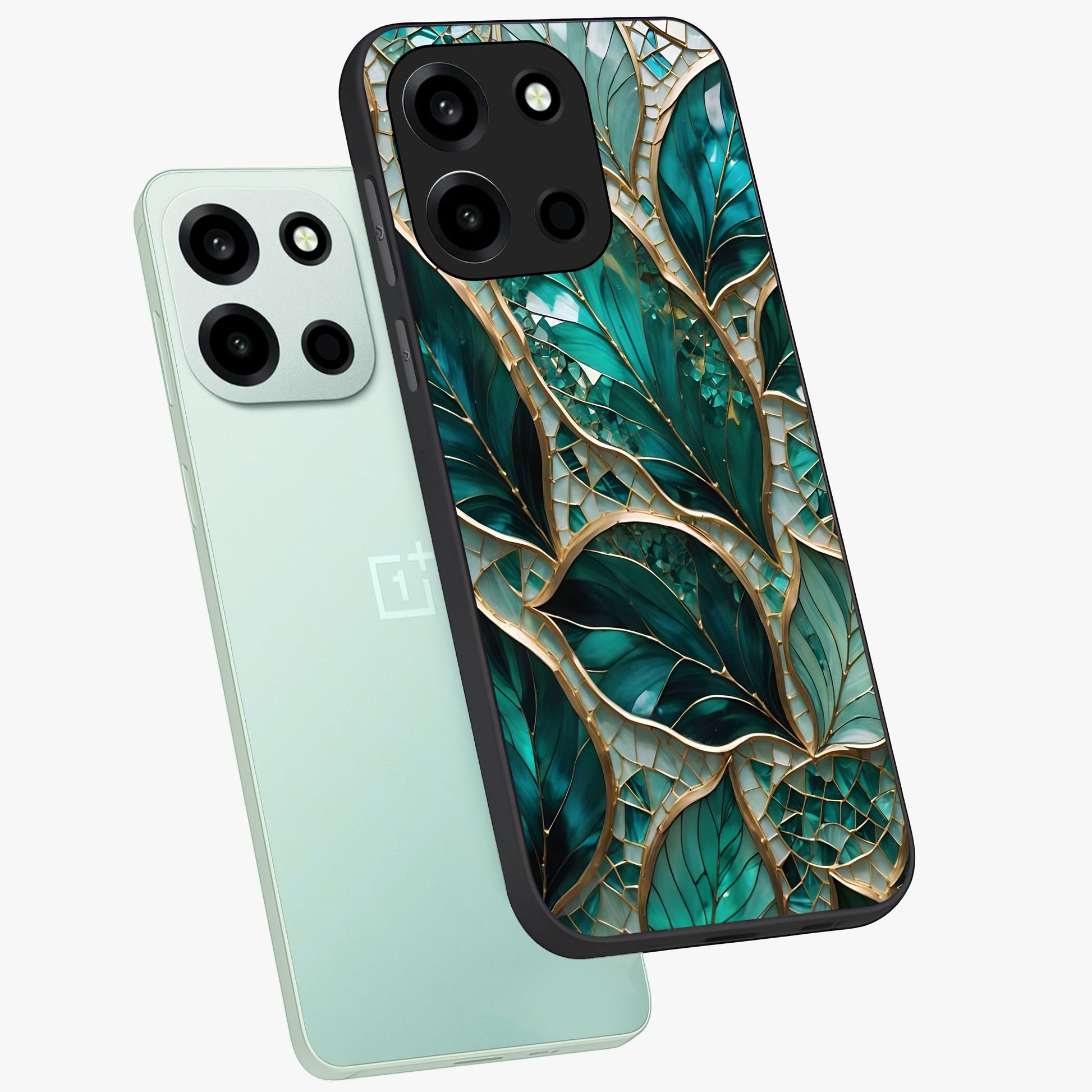 Emerald Leaf Glass Glass Case displayed in angled mockup highlighting botanical leaf illustration with elegant natural aesthetic.