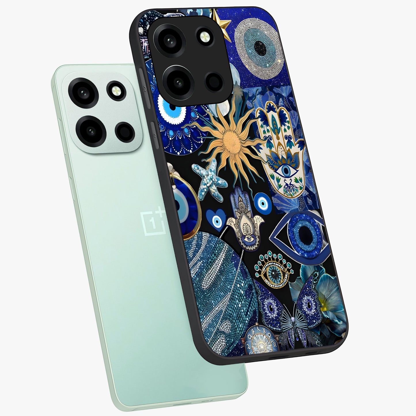 Evil Eye Charm Mix Glass Case displayed in angled mockup highlighting protective evil eye symbols with spiritual aesthetic design.