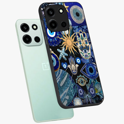 Evil Eye Charm Mix Glass Case displayed in angled mockup highlighting protective evil eye symbols with spiritual aesthetic design.