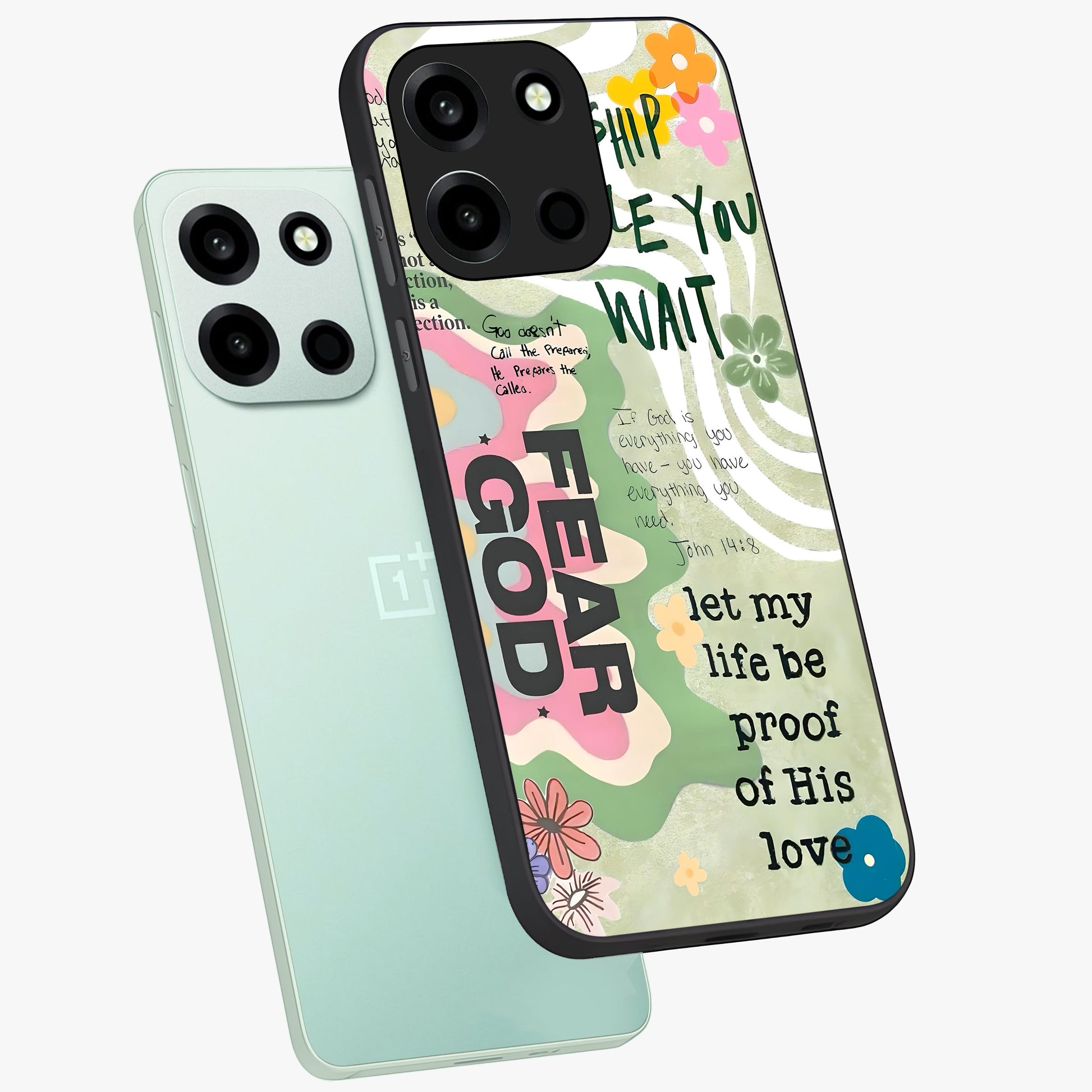 Faith Over Fear Glass Case displayed in angled mockup highlighting inspirational message design with modern aesthetic style.