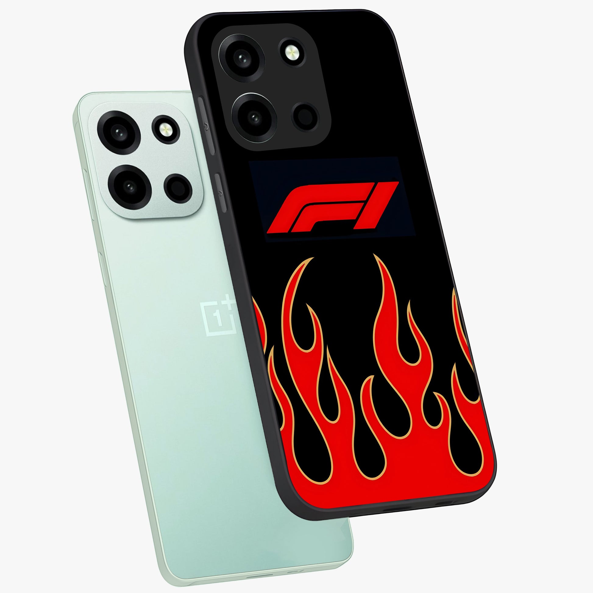 Fire F11 Glass Case displayed in angled mockup highlighting bold fire inspired graphic with energetic aesthetic style.