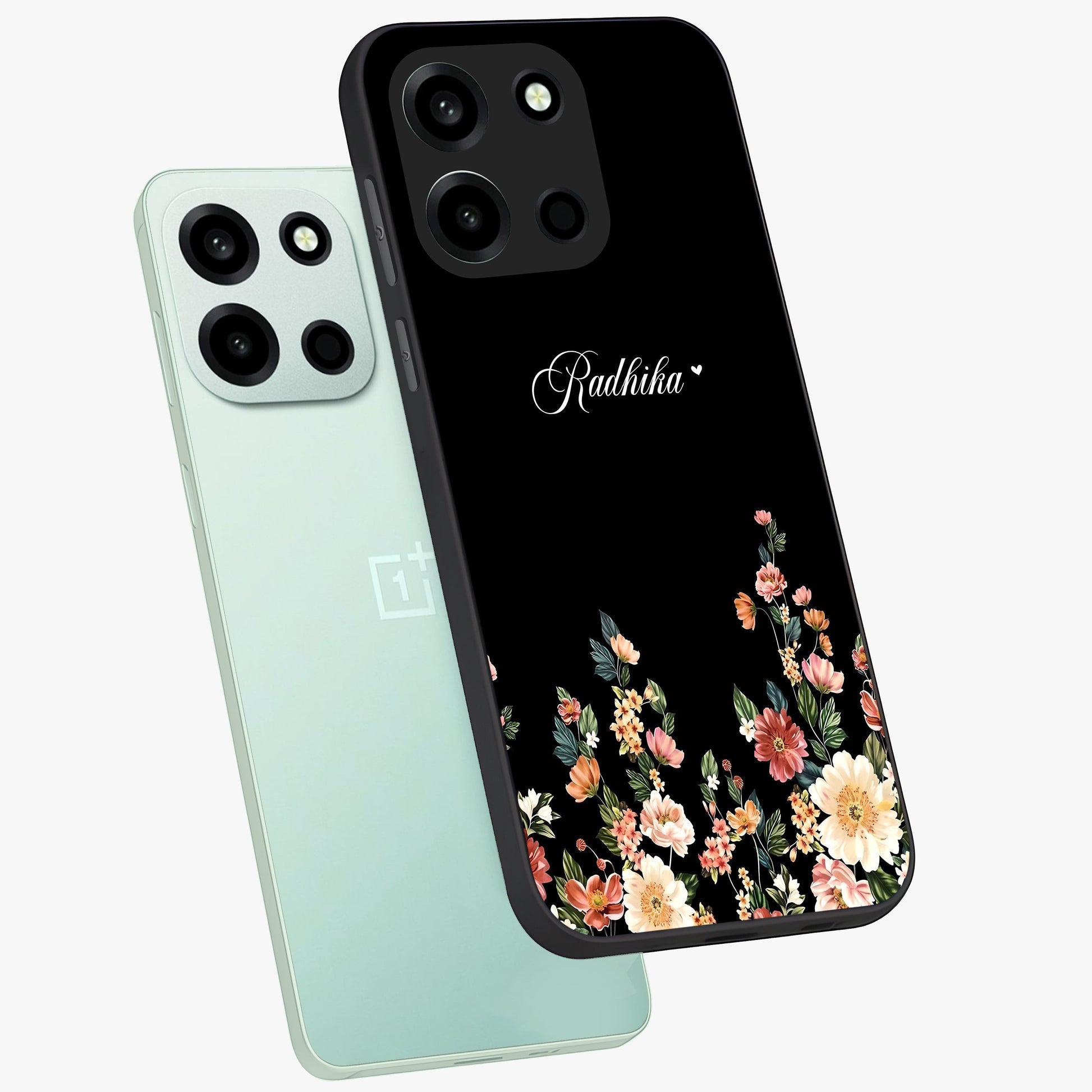 Floral Design With a Custom Personalized Name Glass Case displayed in angled mockup highlighting elegant floral pattern with custom name feature.