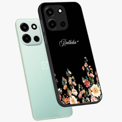 Floral Design With a Custom Personalized Name Glass Case displayed in angled mockup highlighting elegant floral pattern with custom name feature.
