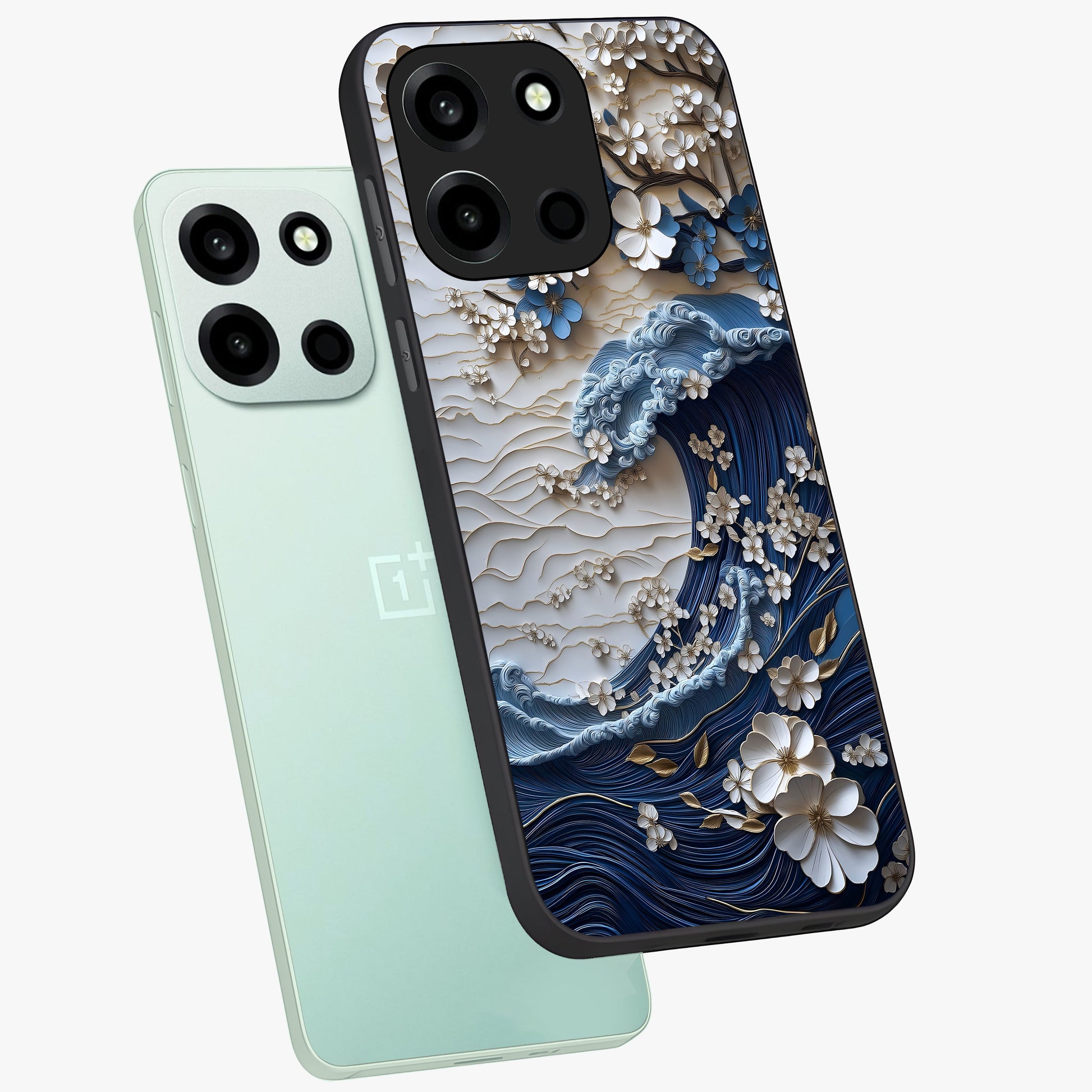 Floral Wave Origami Glass Case displayed in angled mockup highlighting geometric origami flower design with modern aesthetic style.