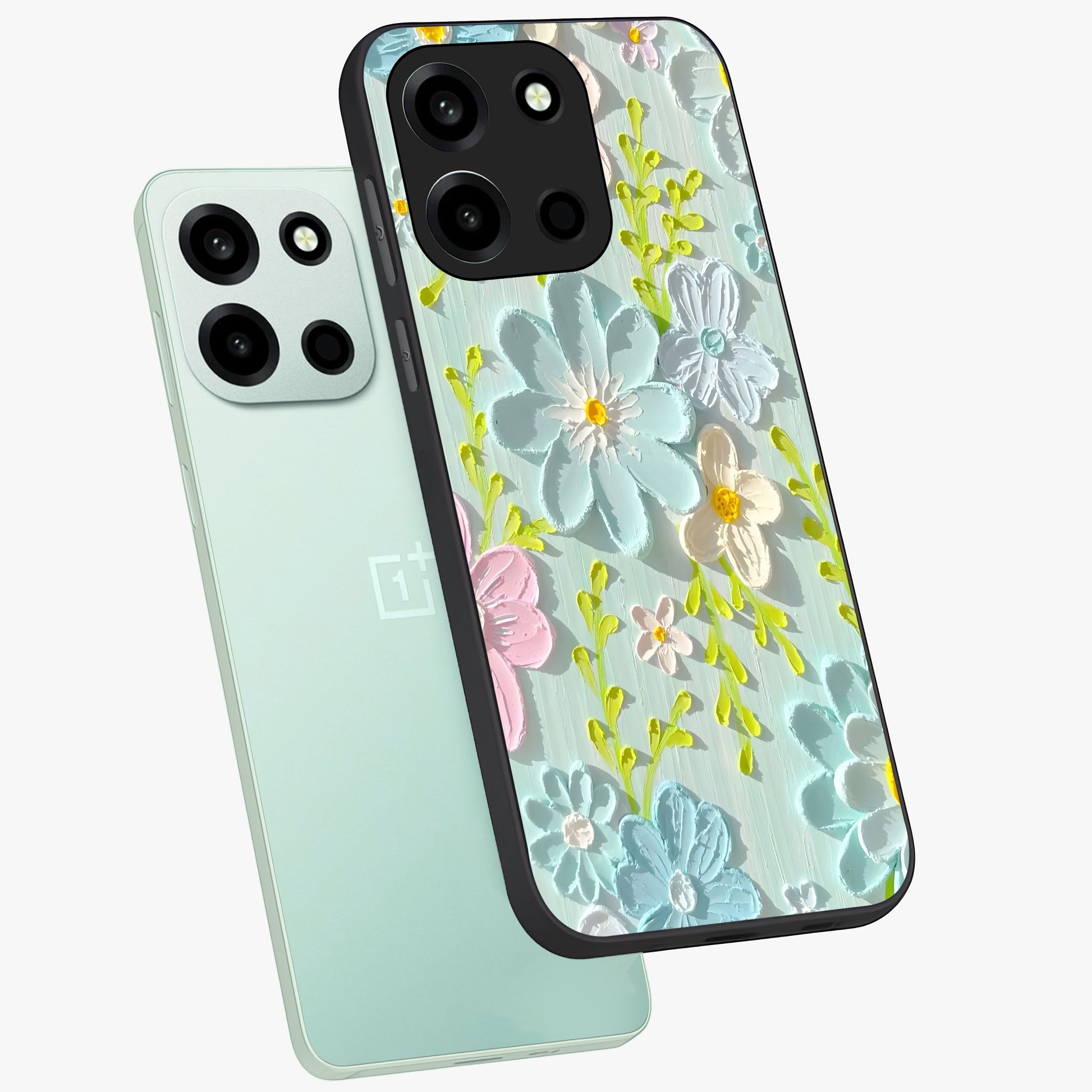 Frosted Petal Garden Glass Case displayed in angled mockup highlighting delicate flower petal design with calm garden aesthetic.
