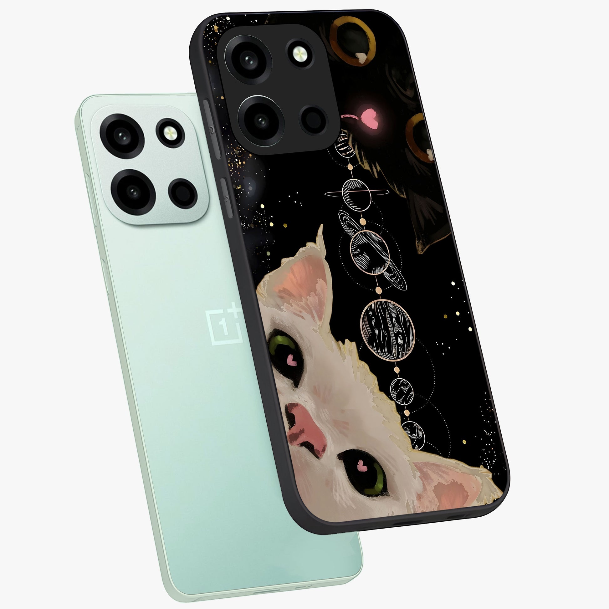 Galactic Cat Glass Case displayed in angled mockup highlighting celestial feline illustration with galaxy aesthetic style.