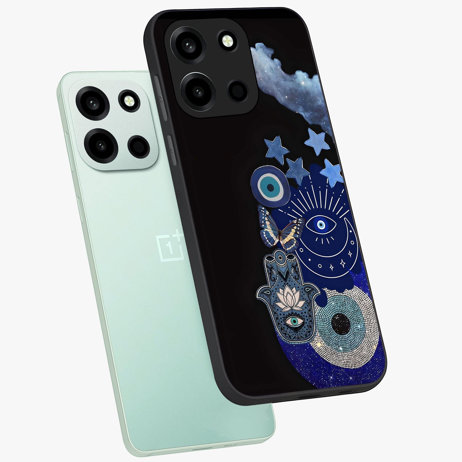 Galactic Charm Cluster Glass Case displayed in angled mockup highlighting luminous galaxy inspired design with dreamy aesthetic.