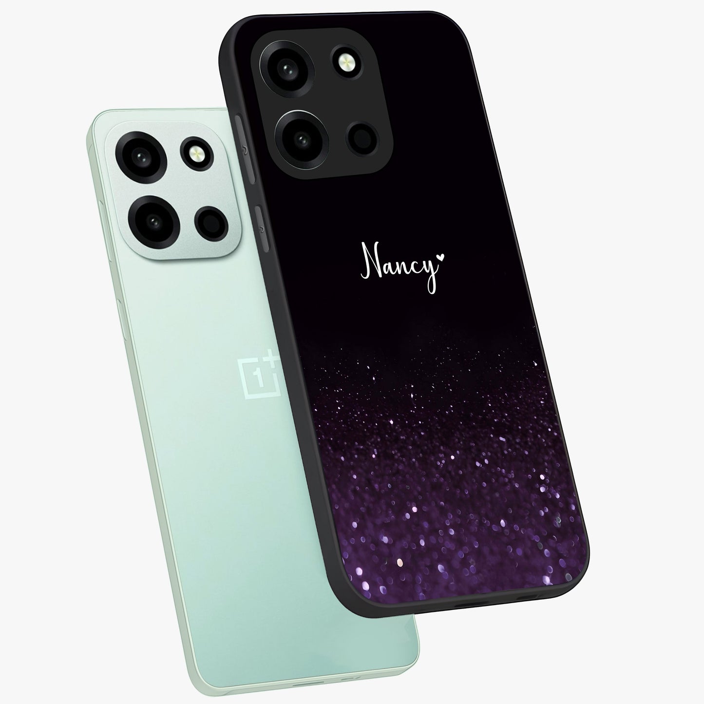 Glittery Purple Bokeh Custom Name Glass Case displayed in angled mockup highlighting glitter bokeh pattern with custom name feature.