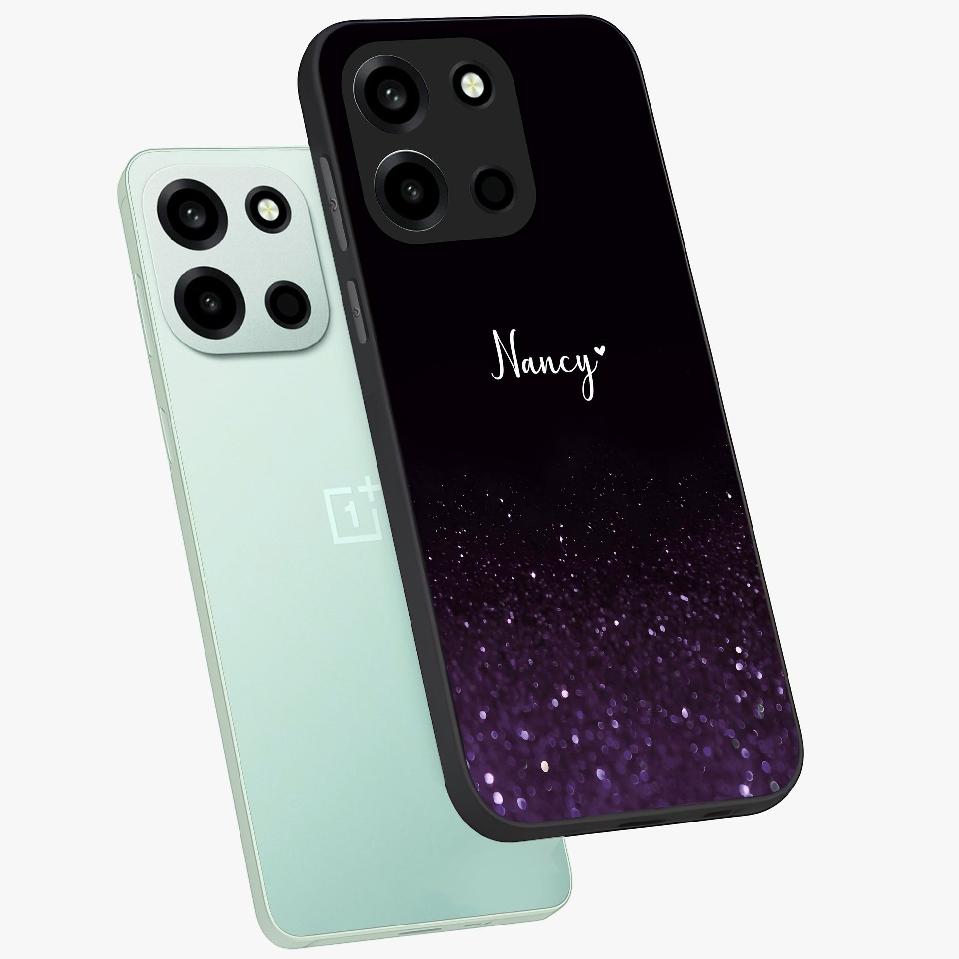 Glittery Purple Bokeh Custom Name Glass Case displayed in angled mockup highlighting glitter bokeh pattern with custom name feature.