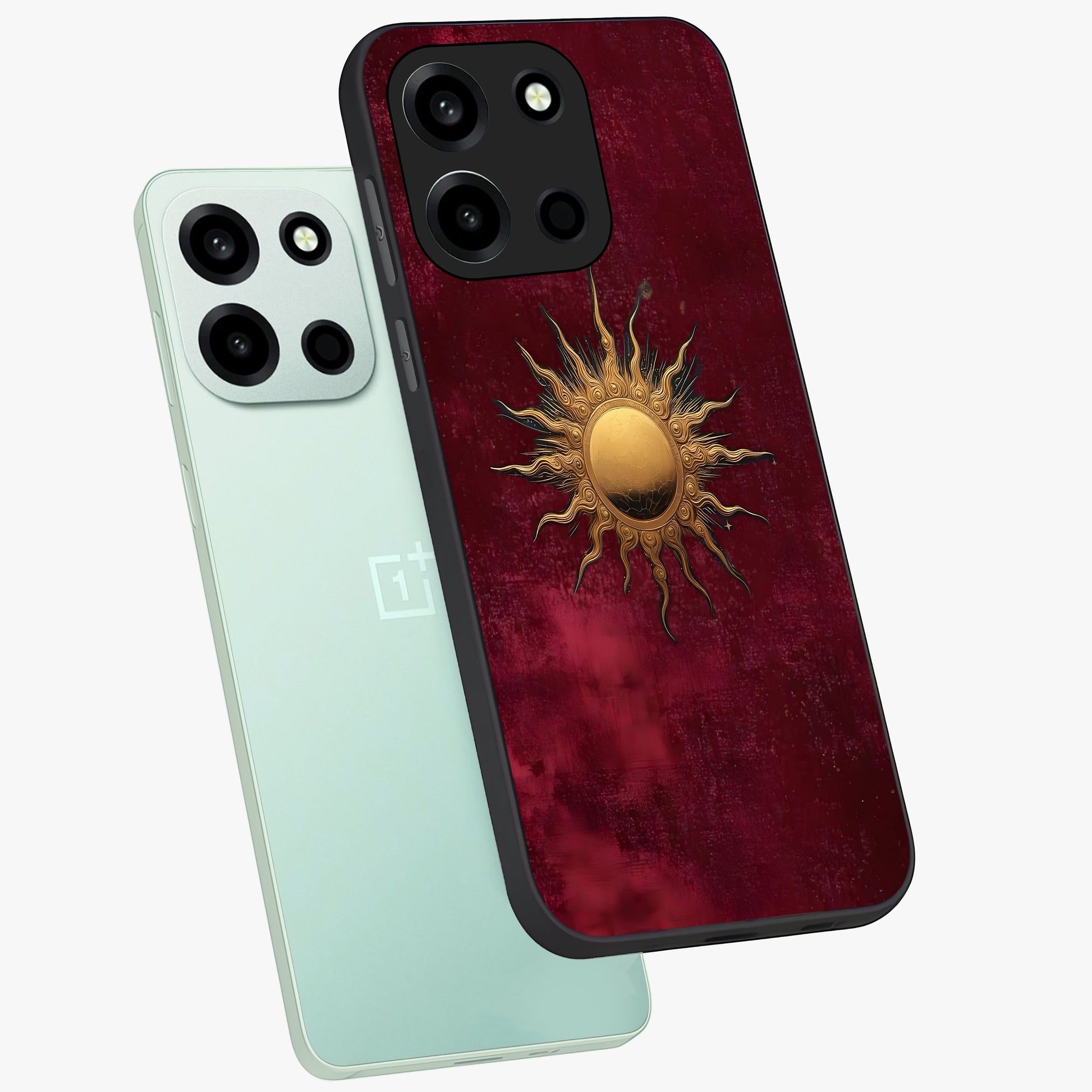Gold Sun Blush Glass Case displayed in angled mockup highlighting radiant sun design with warm golden aesthetic.