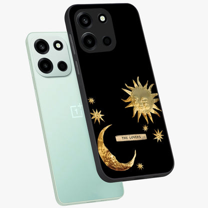 Golden Celestial Charm Glass Case displayed in angled mockup highlighting sparkling cosmic charm design with celestial aesthetic.