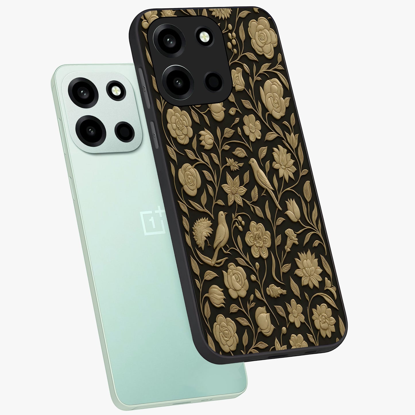 Golden Floral Majesty Glass Case displayed in angled mockup highlighting elegant flower design with royal golden aesthetic.