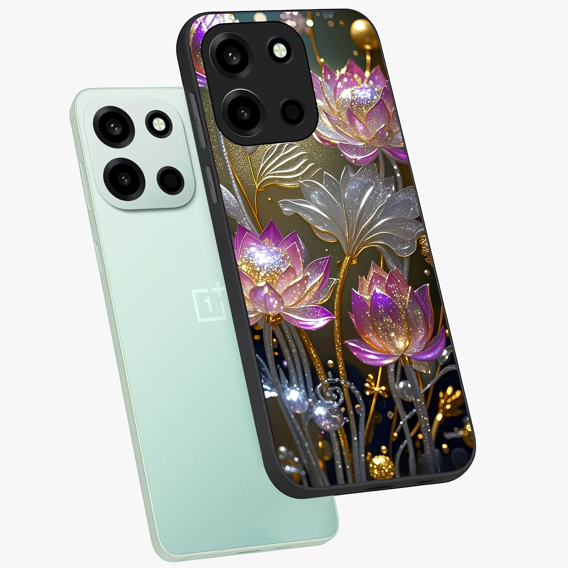 Golden Floral Majesty Glass Case displayed in angled mockup highlighting elegant flower design with royal golden aesthetic.
