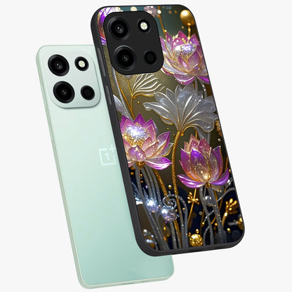 Golden Floral Majesty Glass Case displayed in angled mockup highlighting elegant flower design with royal golden aesthetic.