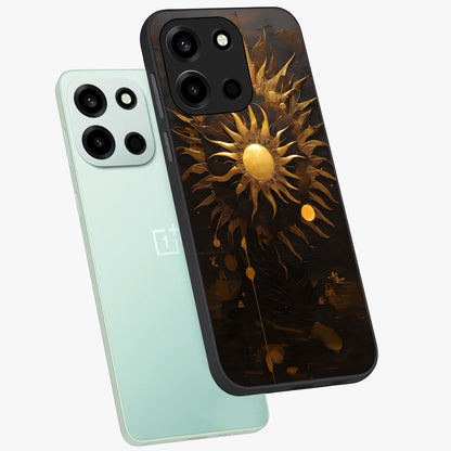 Golden Sun Minimalism Glass Case displayed in angled mockup highlighting eerie shadow illustration with gothic aesthetic.