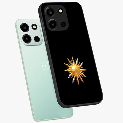 Golden Sun Minimalism Glass Case displayed in angled mockup highlighting clean sun symbol design with modern minimal aesthetic.