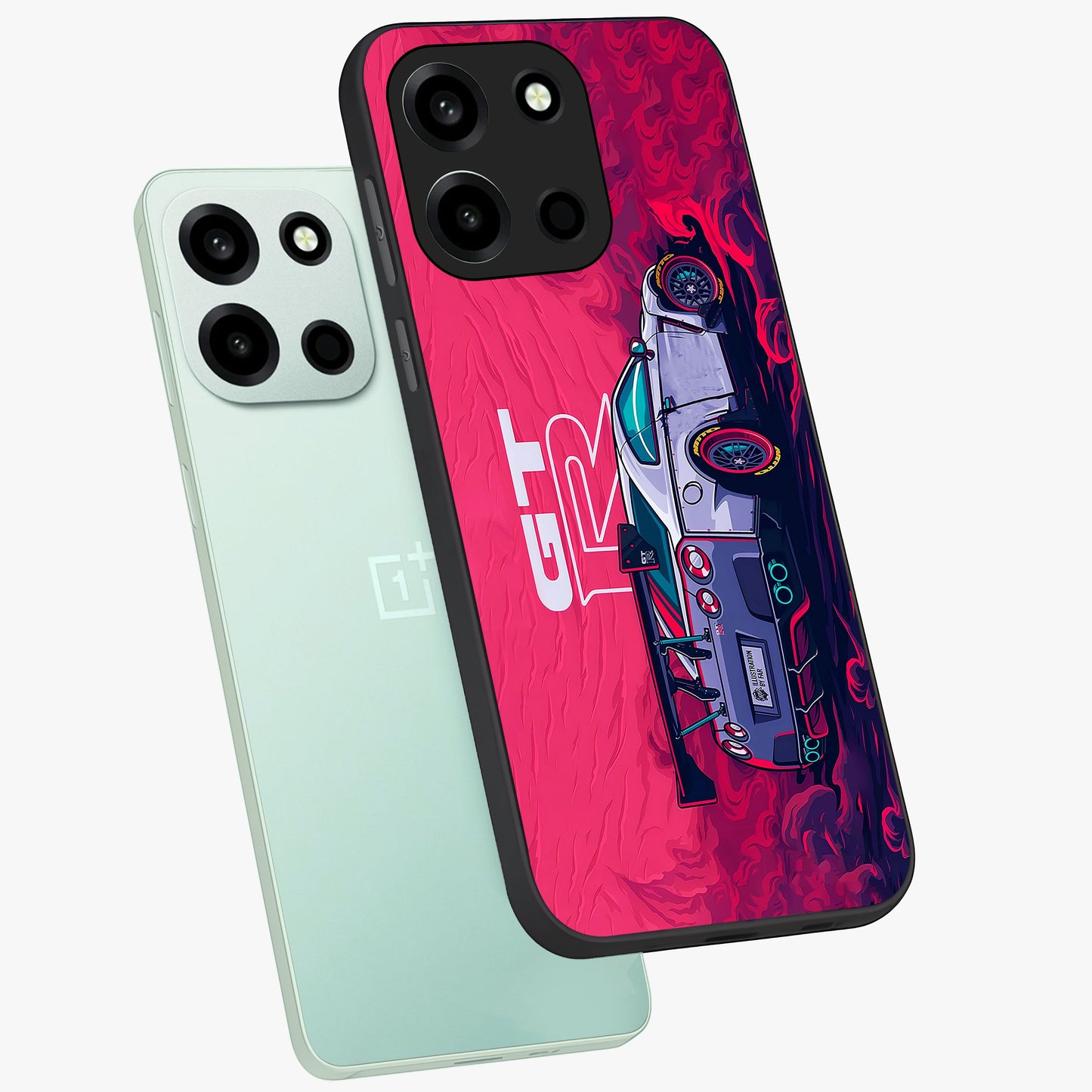 GT-R Car Pattern Glass Case displayed in angled mockup highlighting racing car graphic design with bold automotive aesthetic.