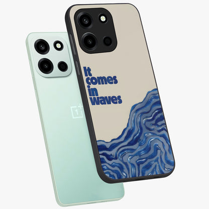 It Comes In Waves Quote Glass Case displayed in angled mockup highlighting ocean wave typography design with aesthetic style.