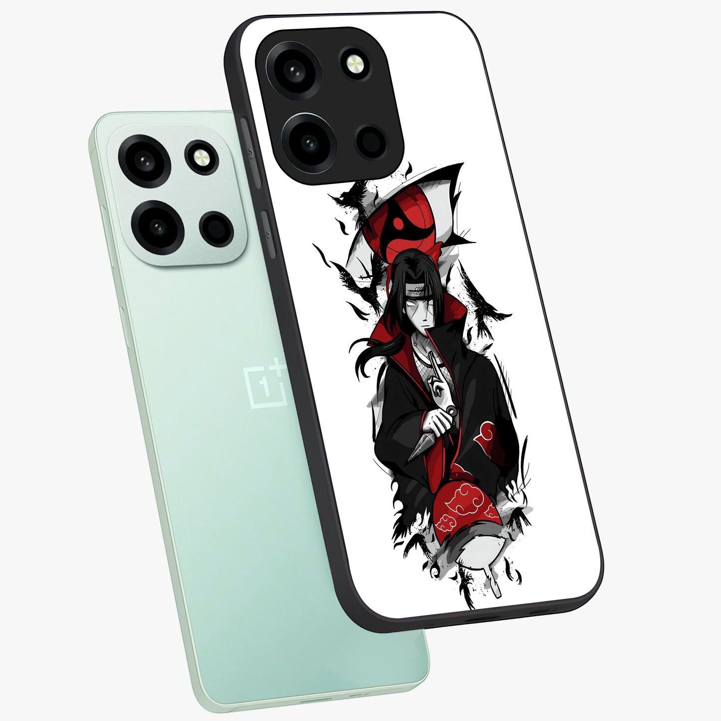 Itachi Sharingan Glass Case displayed in angled mockup highlighting striking sharingan eye design with dramatic anime aesthetic.