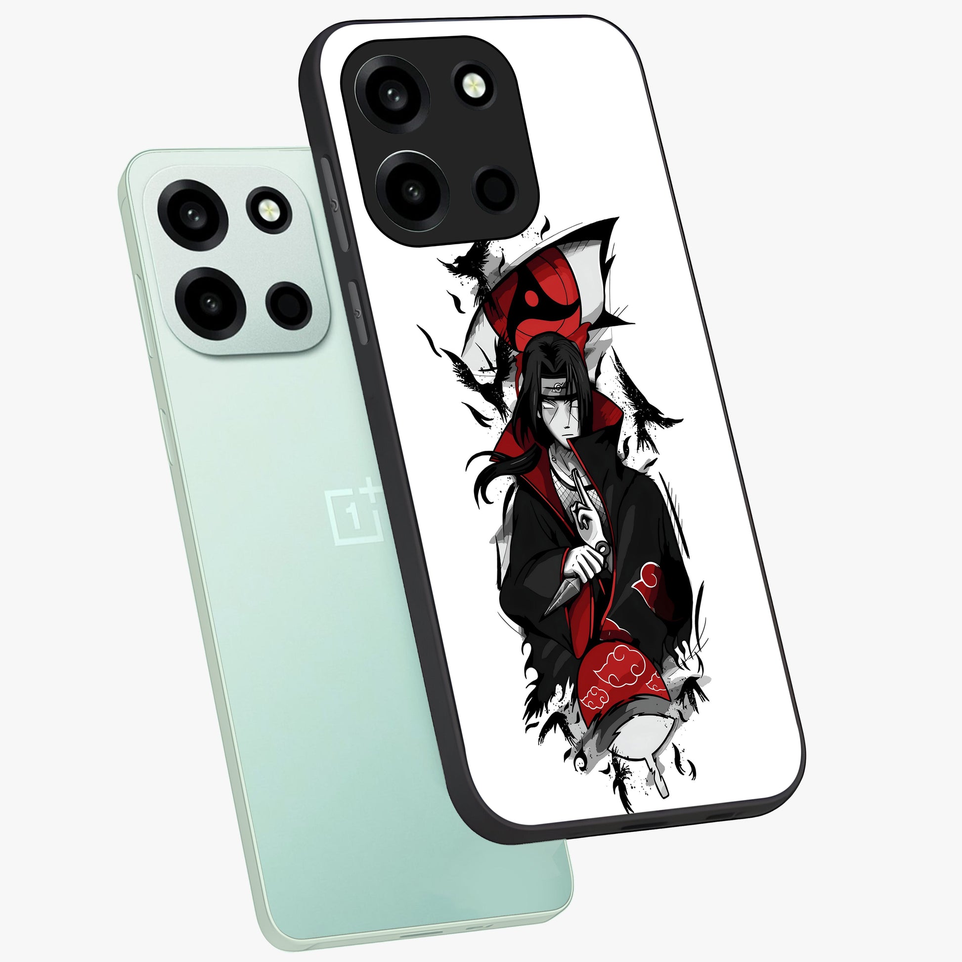 Itachi Sharingan Glass Case displayed in angled mockup highlighting striking sharingan eye design with dramatic anime aesthetic.