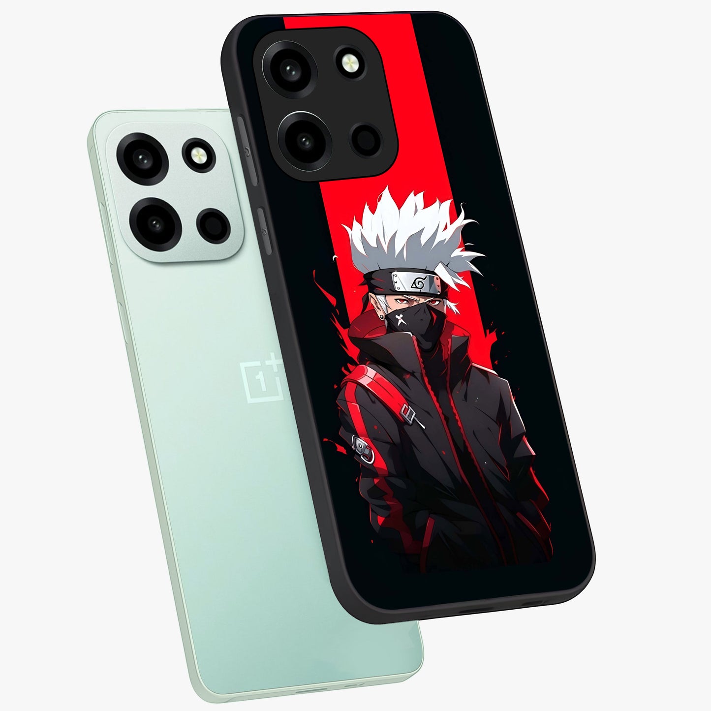 Kakashi Scarlet Shadow Glass Case displayed in angled mockup highlighting dramatic ninja illustration with scarlet themed aesthetic.