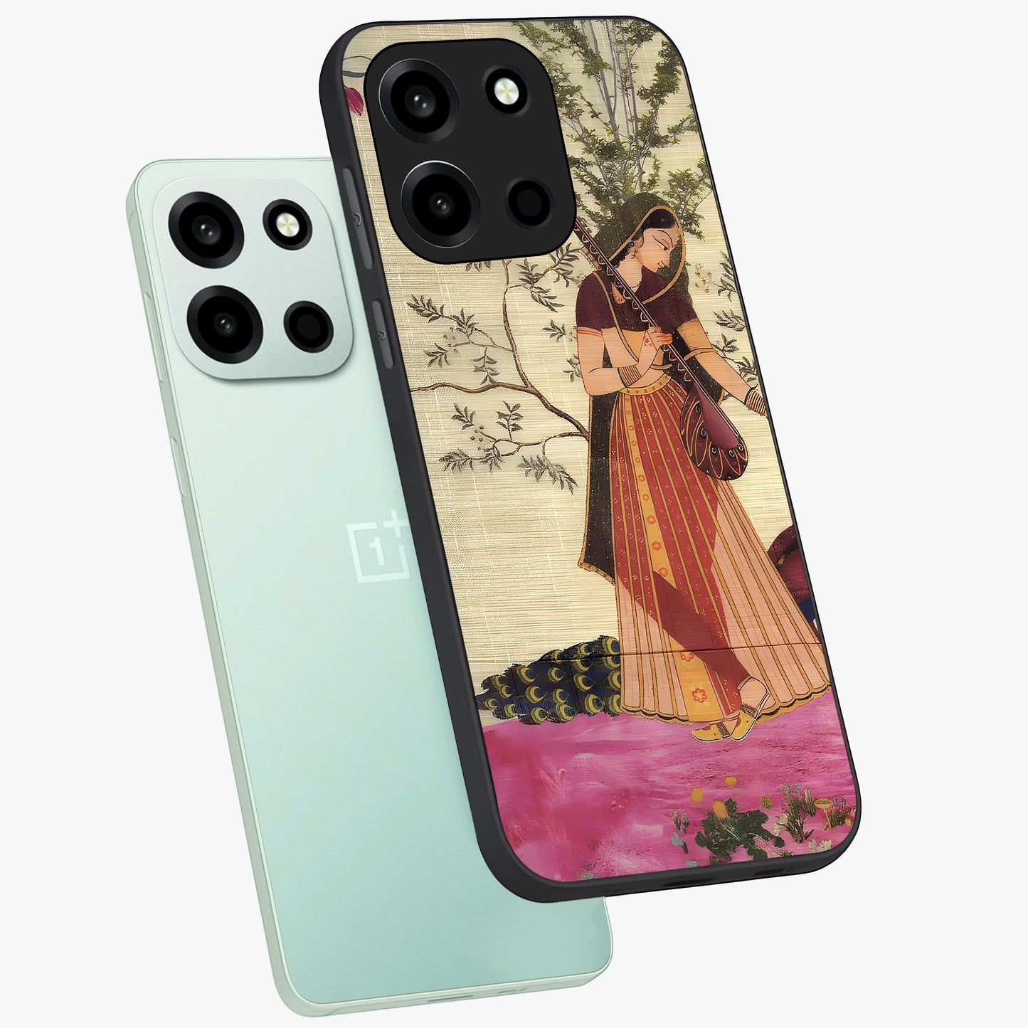 Lady With Veena Art Glass Case displayed in angled mockup highlighting graceful musical illustration with cultural artistic aesthetic.