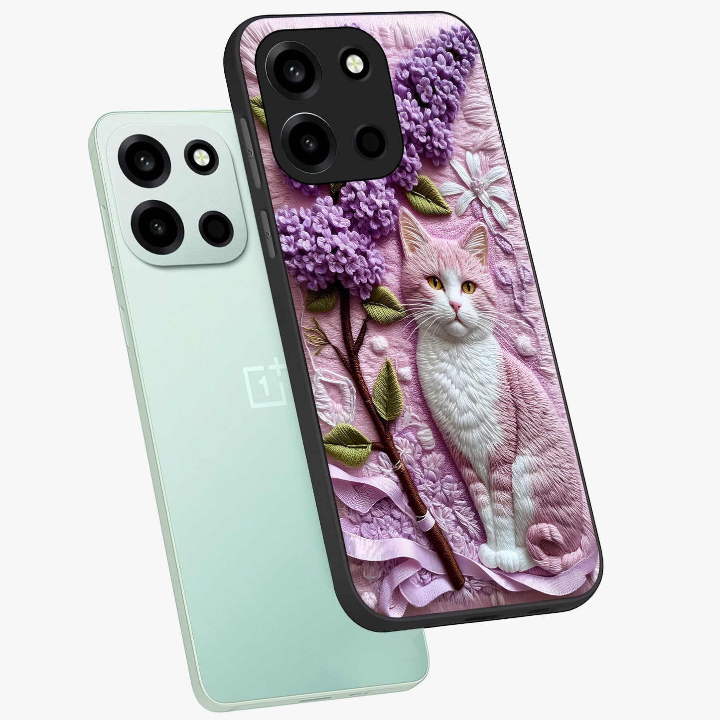 Lavender Cat Whimsy Glass Case displayed in angled mockup highlighting playful feline illustration with pastel lavender aesthetic.