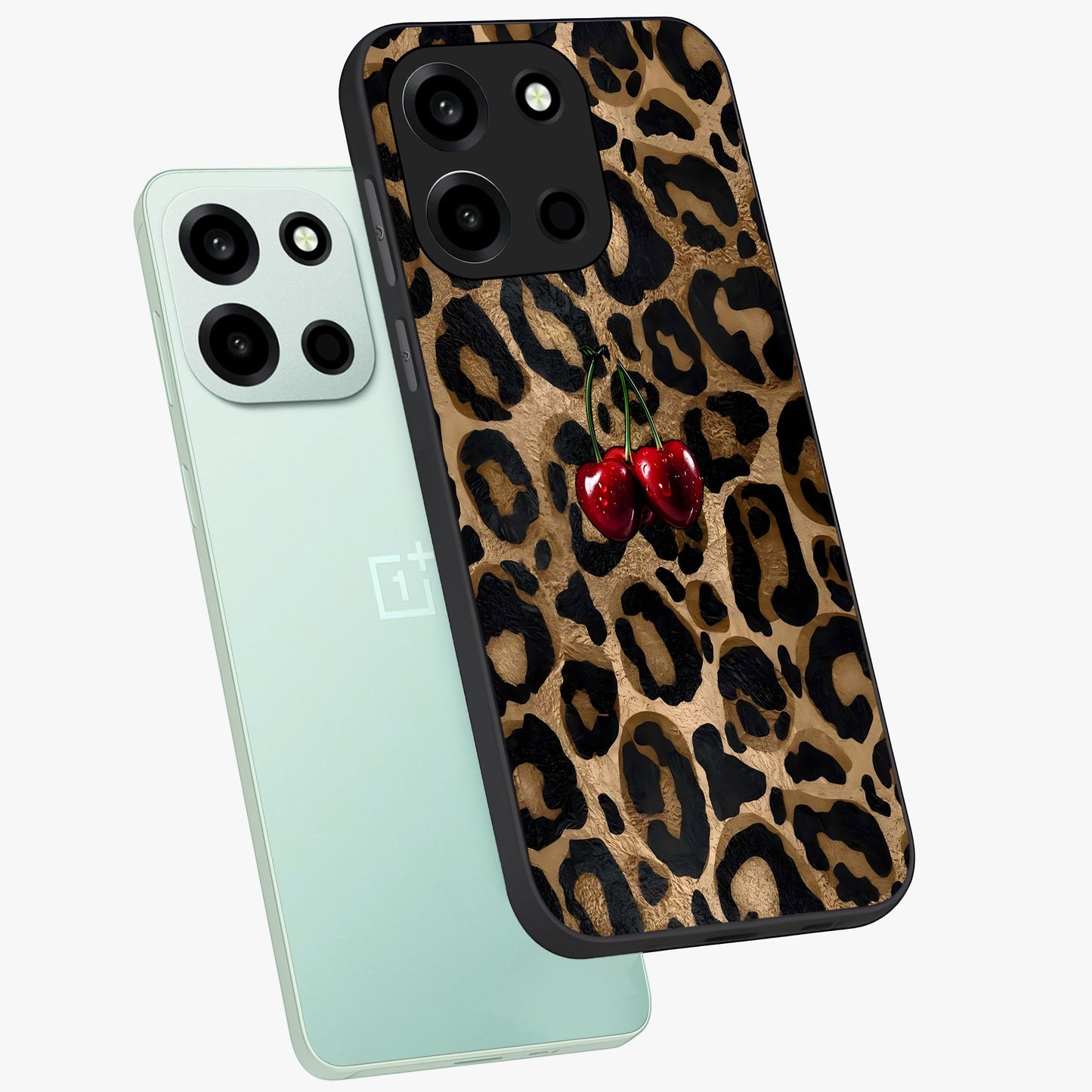 Leopard Wild Cherry Glass Case displayed in angled mockup highlighting bold animal print design with playful cherry aesthetic.