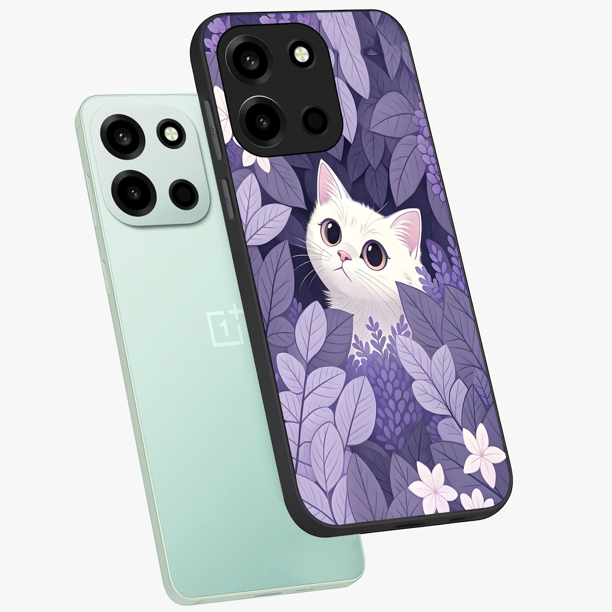 Lilac Hide Peek Cat Glass Case displayed in angled mockup highlighting playful feline illustration with lilac aesthetic design.