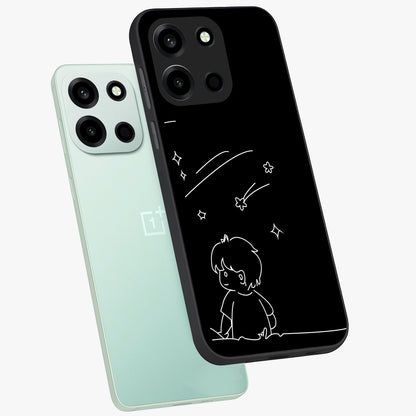 Line Art Boy With Shooting Stars Glass Case displayed in angled mockup highlighting elegant line art design with dreamy star aesthetic.