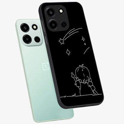 Line Art Girl With Shooting Stars Glass Case displayed in angled mockup highlighting elegant line art design with dreamy star aesthetic.