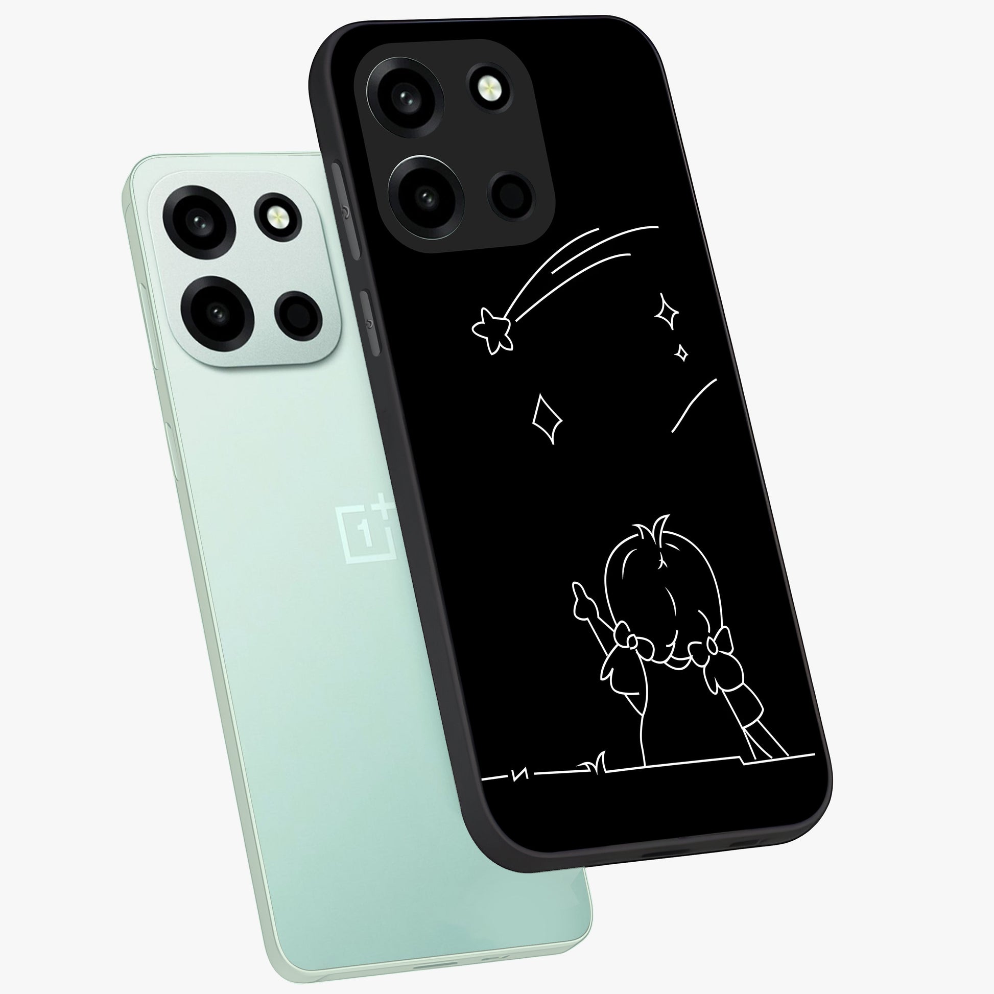 Line Art Girl With Shooting Stars Glass Case displayed in angled mockup highlighting elegant line art design with dreamy star aesthetic.