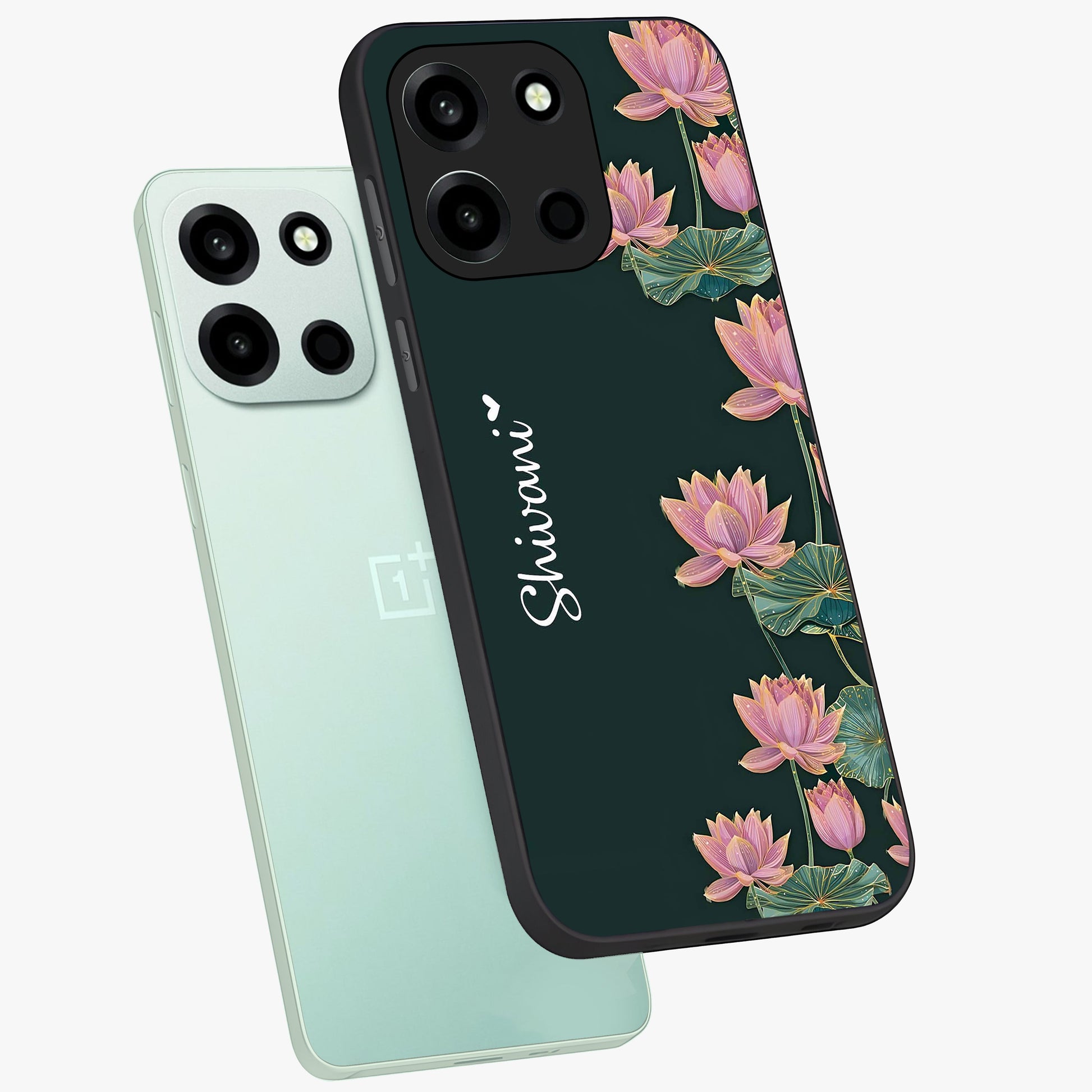 Lotus Bloom Serenity Custom Name Glass Case displayed in angled mockup highlighting graceful lotus illustration with custom name feature.