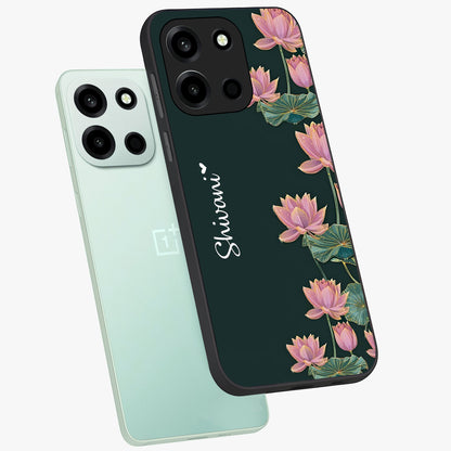 Lotus Bloom Serenity Custom Name Glass Case displayed in angled mockup highlighting graceful lotus illustration with custom name feature.