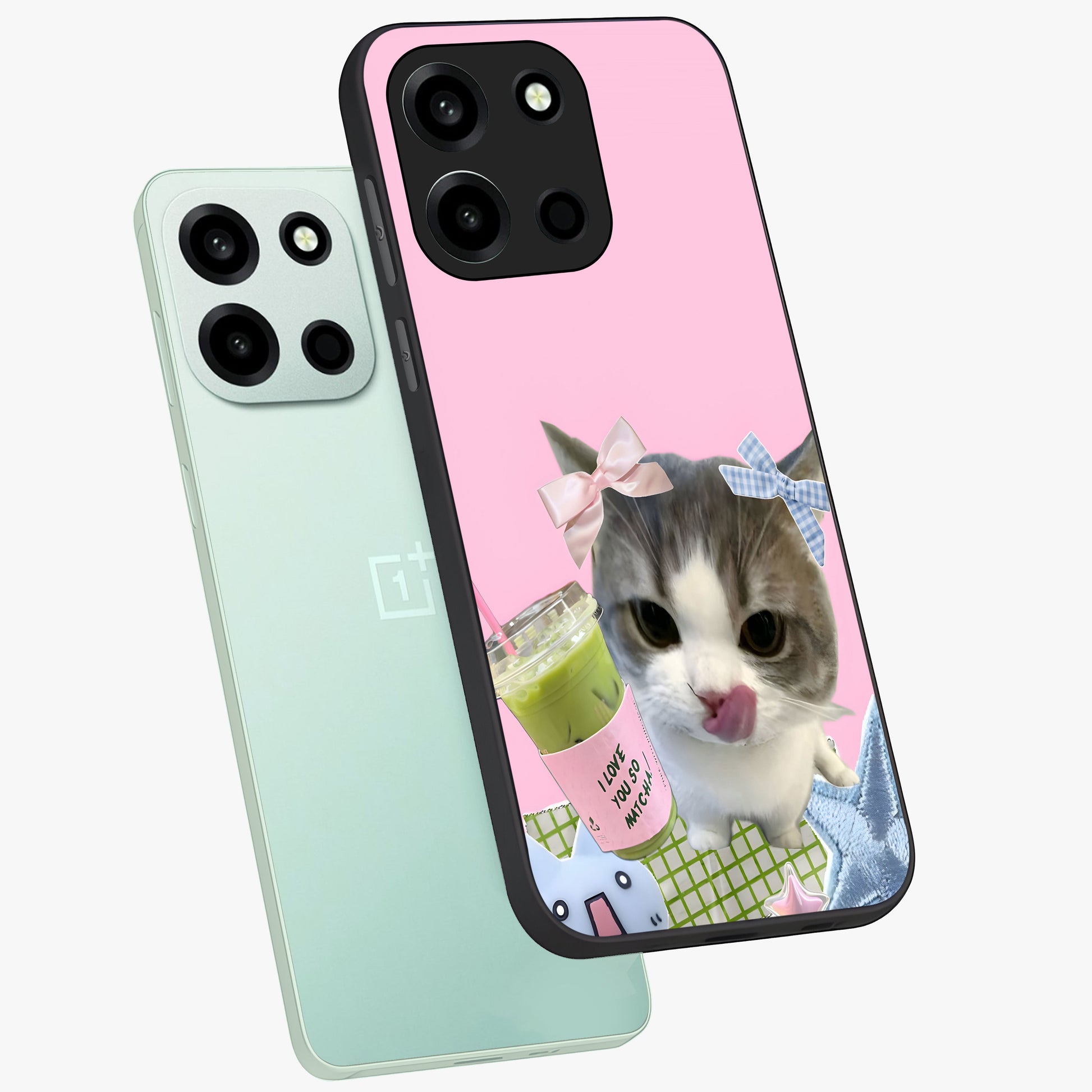 Love Matcha Cat Glass Case displayed in angled mockup highlighting playful feline illustration with cozy matcha aesthetic.
