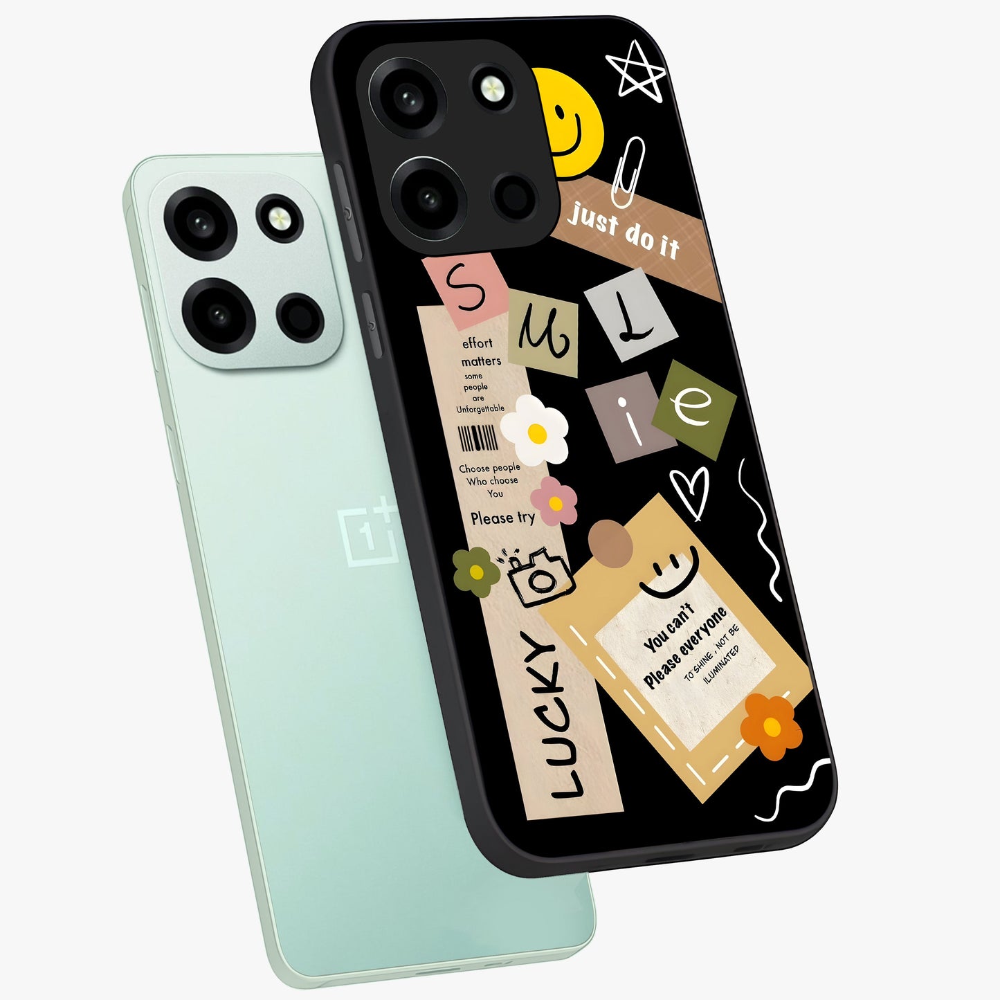 Lucky Aesthetic Collage Glass Case displayed in angled mockup highlighting stylish collage pattern with modern aesthetic vibe.