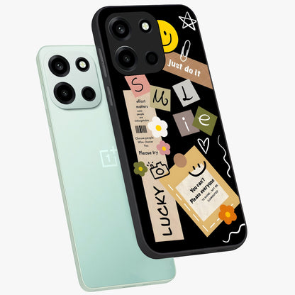 Lucky Aesthetic Collage Glass Case displayed in angled mockup highlighting stylish collage pattern with modern aesthetic vibe.