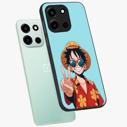 Luffy Summer Anime Vibe Glass Case displayed in angled mockup highlighting energetic anime illustration with summer vibe aesthetic.