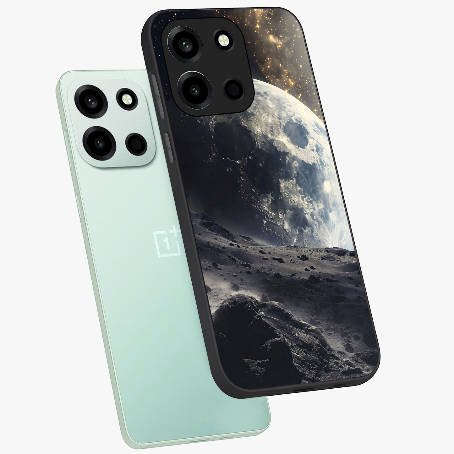Lunar Horizon Glow Glass Case displayed in angled mockup highlighting celestial moon design with dreamy night aesthetic.