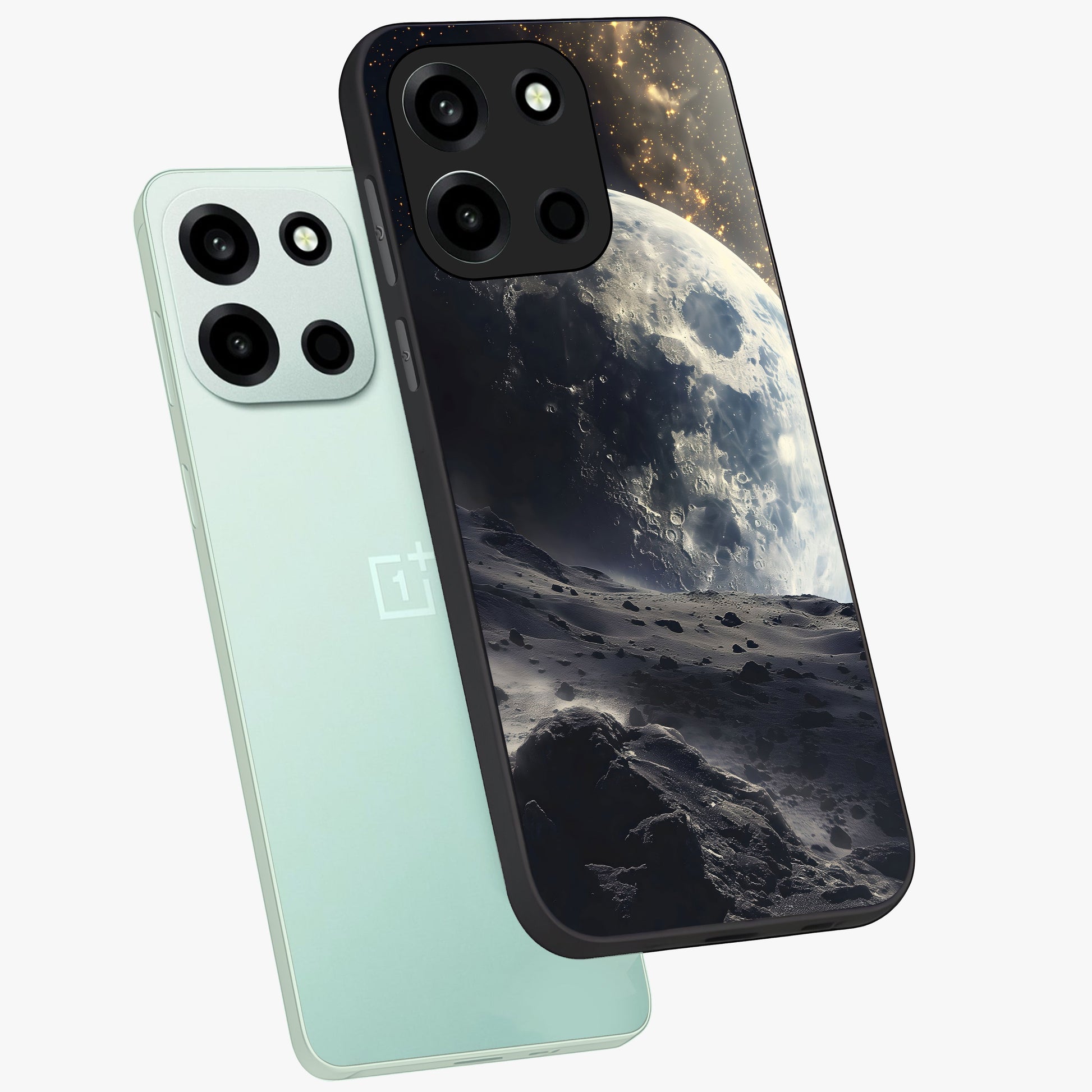 Lunar Horizon Glow Glass Case displayed in angled mockup highlighting celestial moon design with dreamy night aesthetic.