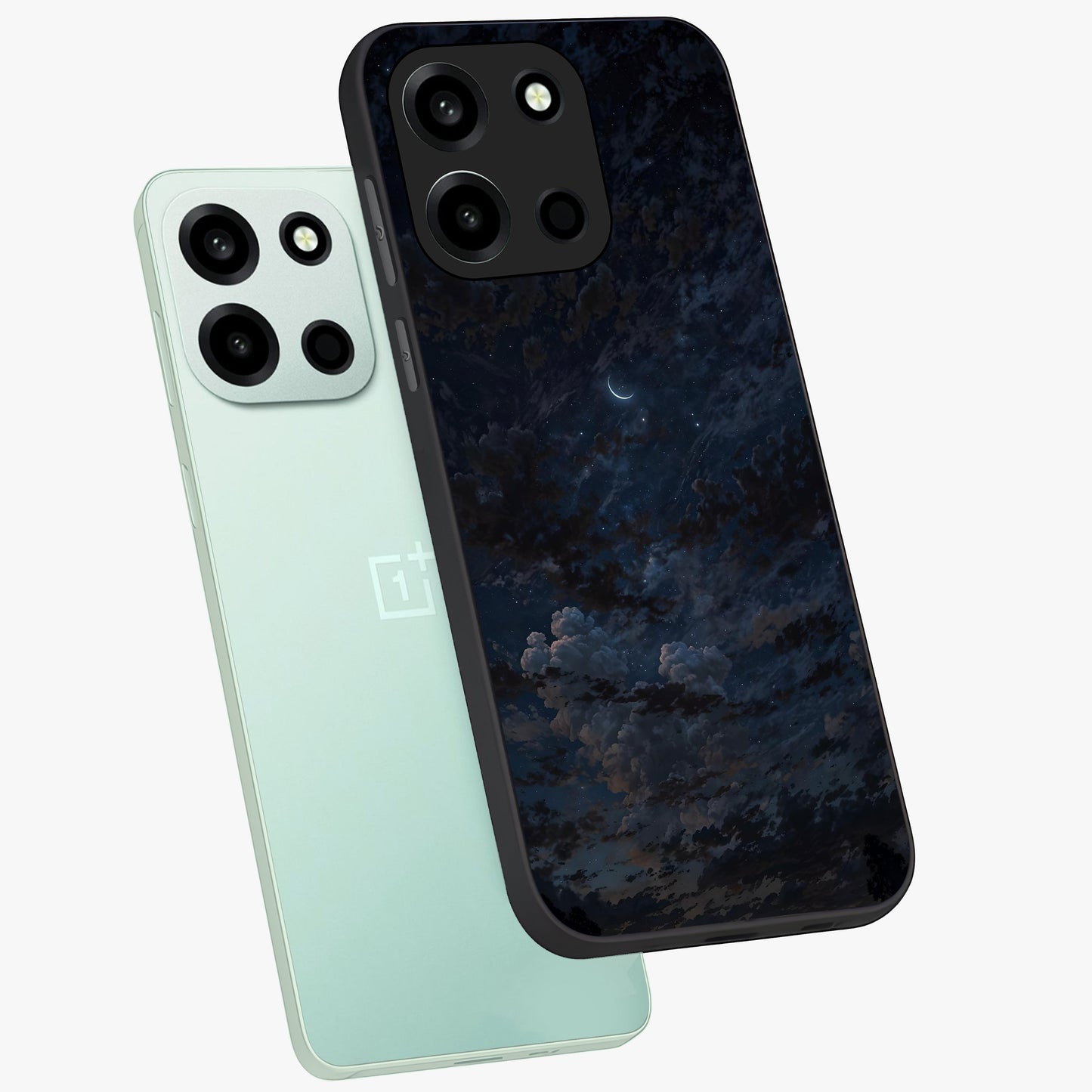 Lunar Veil Silence Glass Case displayed in angled mockup highlighting soft lunar design with peaceful celestial aesthetic.