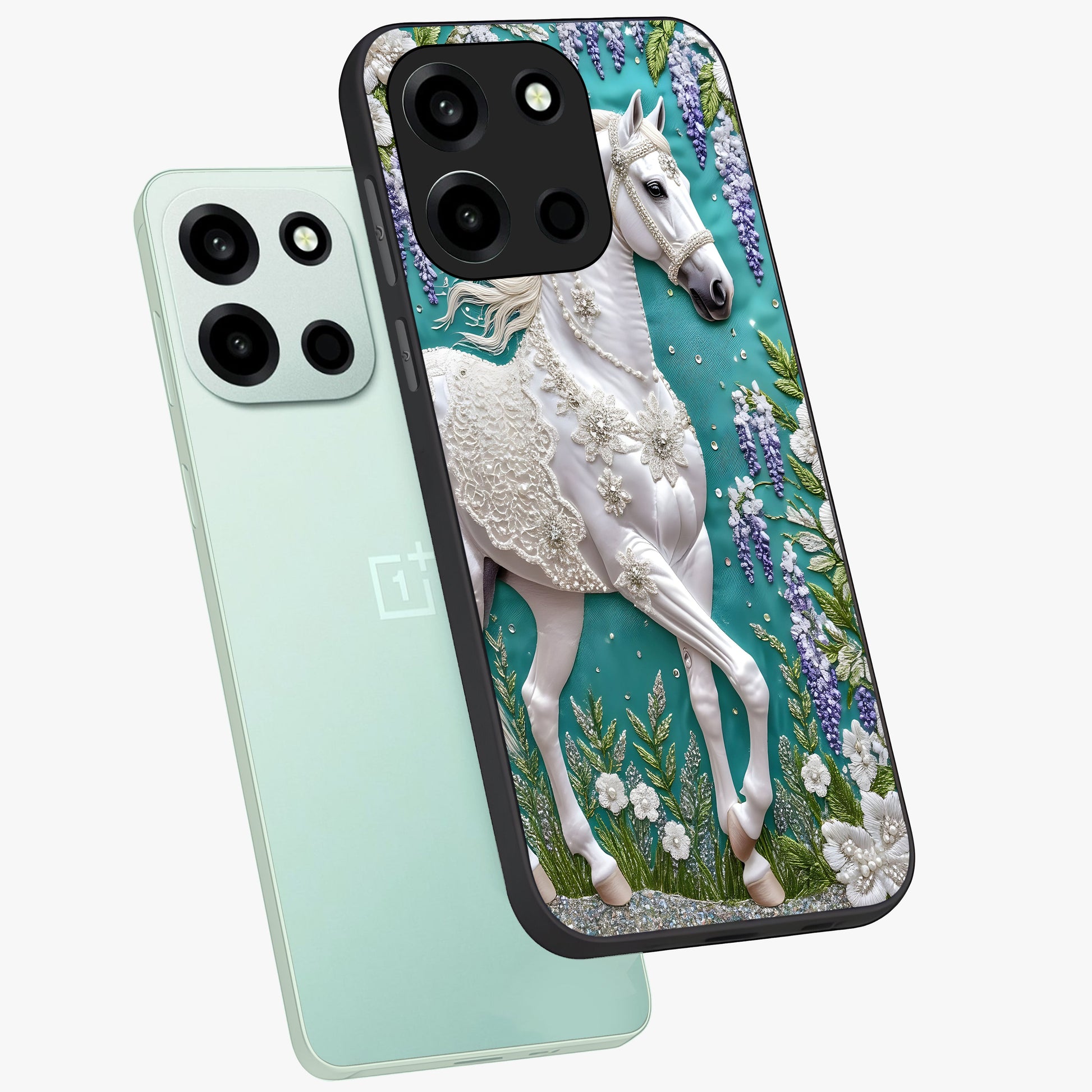 Majestic Floral Stallion Glass Case displayed in angled mockup highlighting majestic stallion illustration with elegant floral aesthetic.