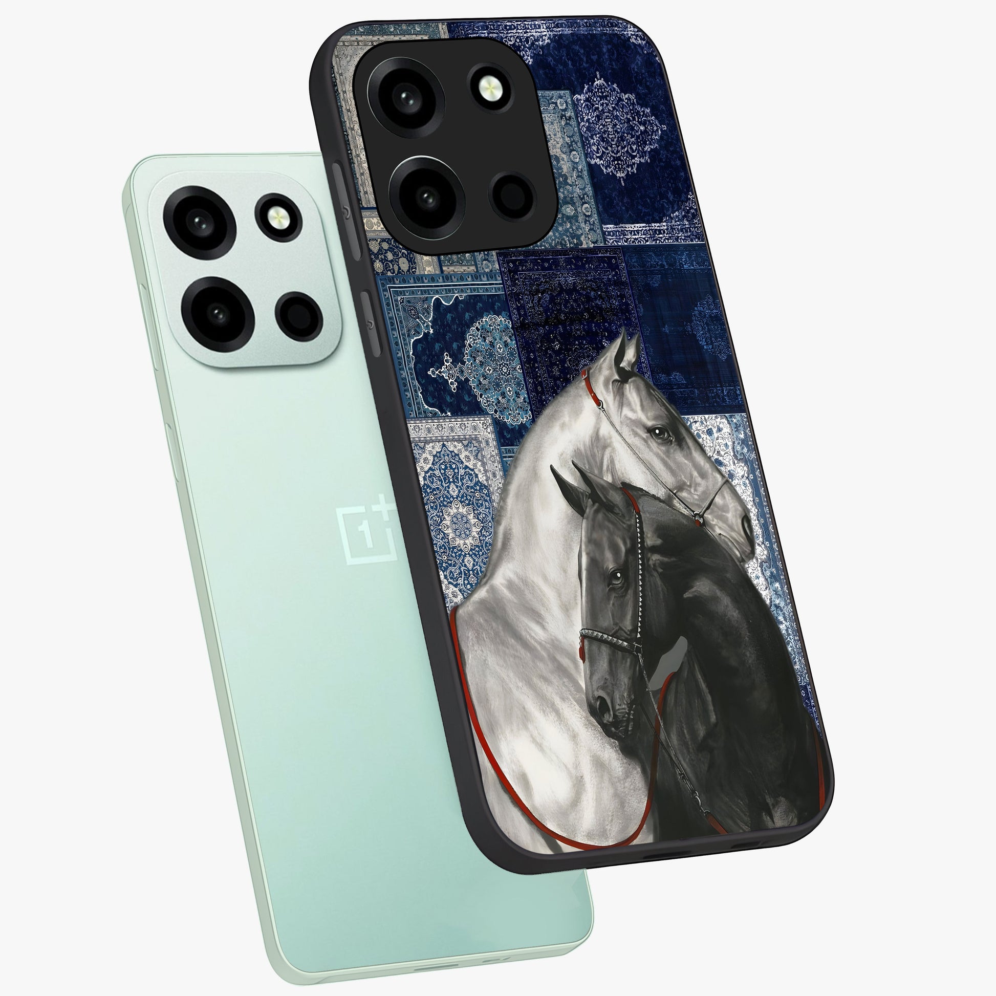 Midnight Stallion Blues Glass Case displayed in angled mockup highlighting powerful stallion illustration with deep midnight tones.