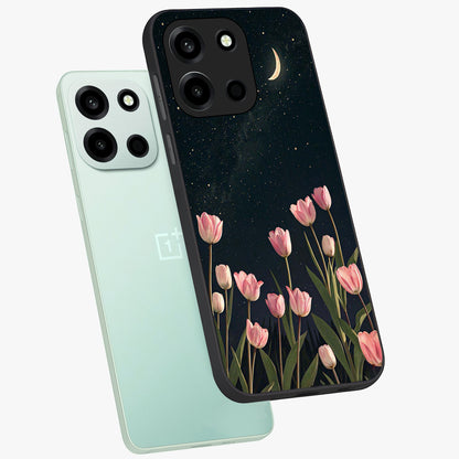 Midnight Tulip Whispers Vibe Glass Case displayed in angled mockup highlighting delicate tulip design with midnight floral aesthetic.