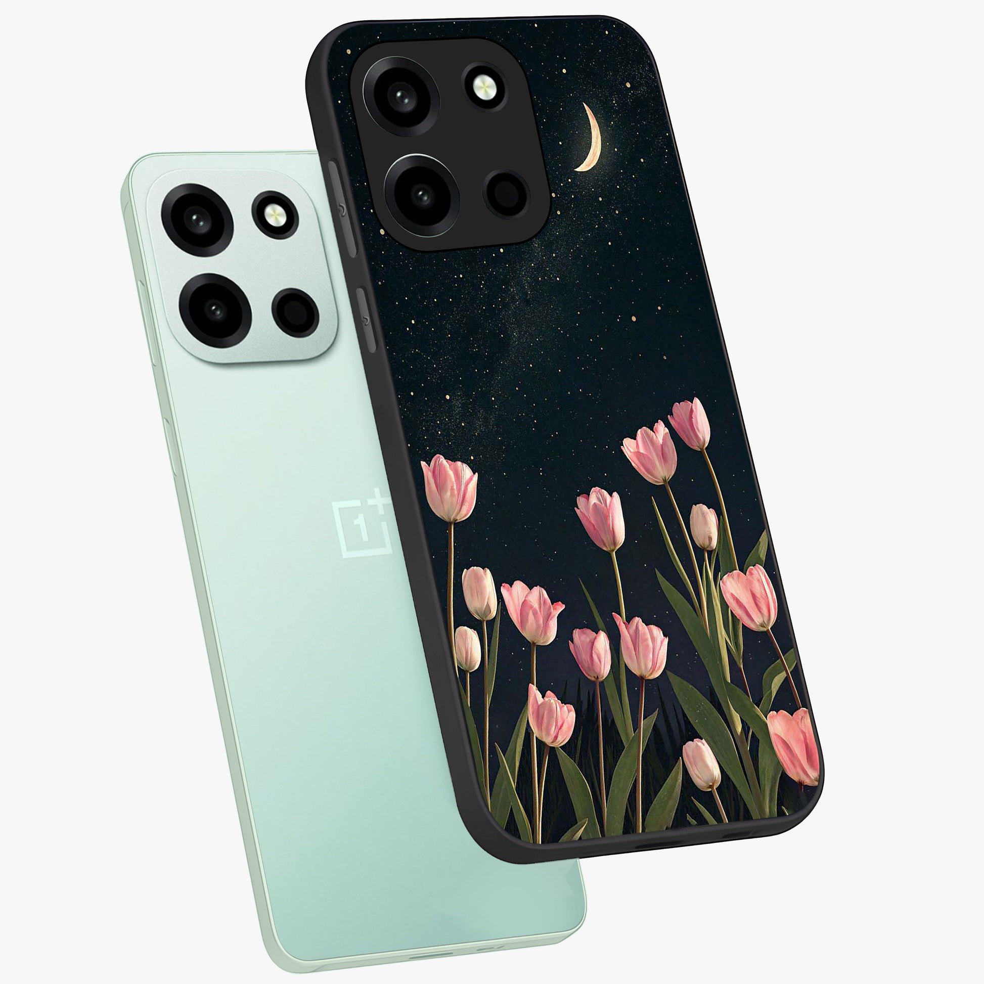 Midnight Tulip Whispers Vibe Glass Case displayed in angled mockup highlighting delicate tulip design with midnight floral aesthetic.