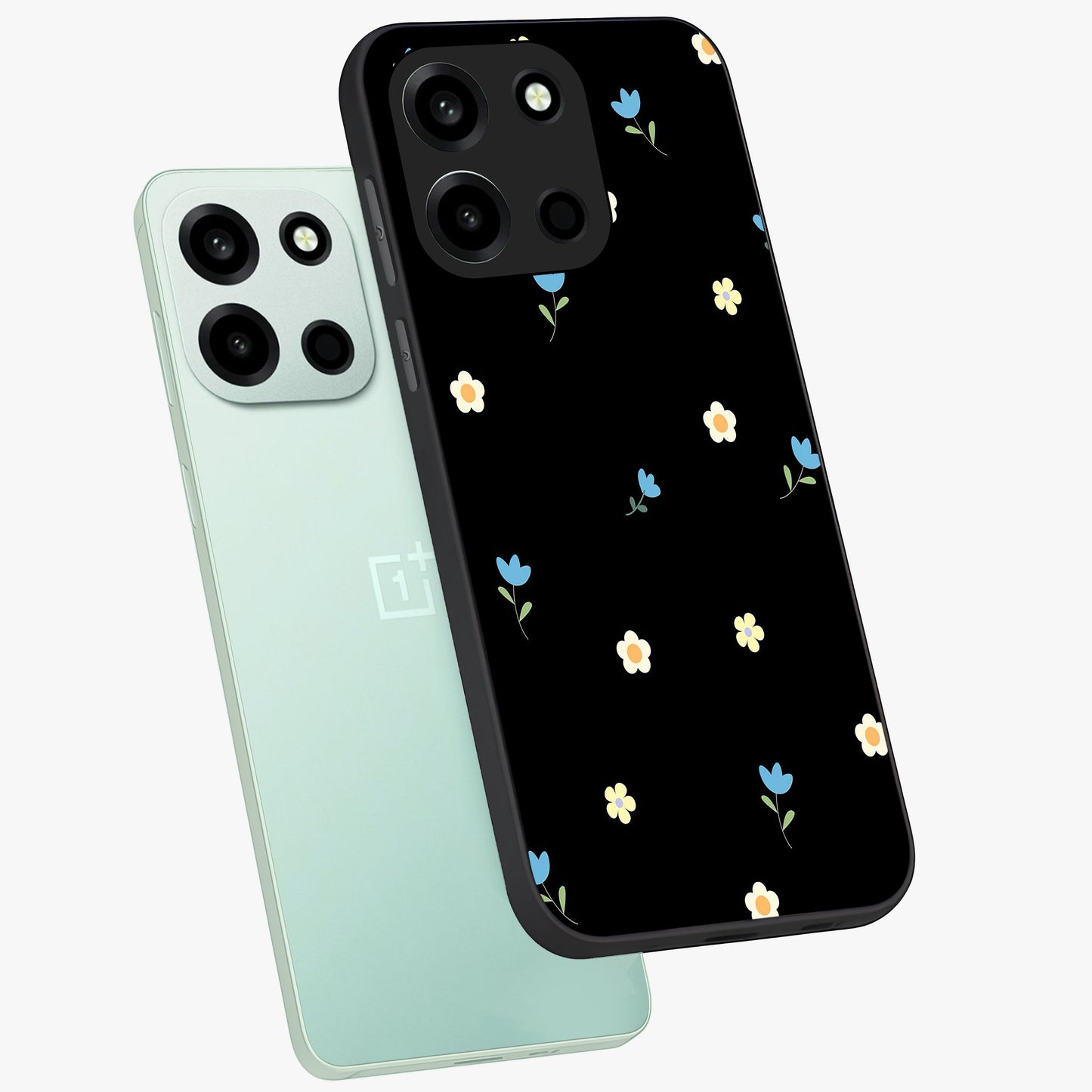 Minimalistic Blue With White Flower Pattern Glass Case displayed in angled mockup highlighting simple floral design with minimal aesthetic.